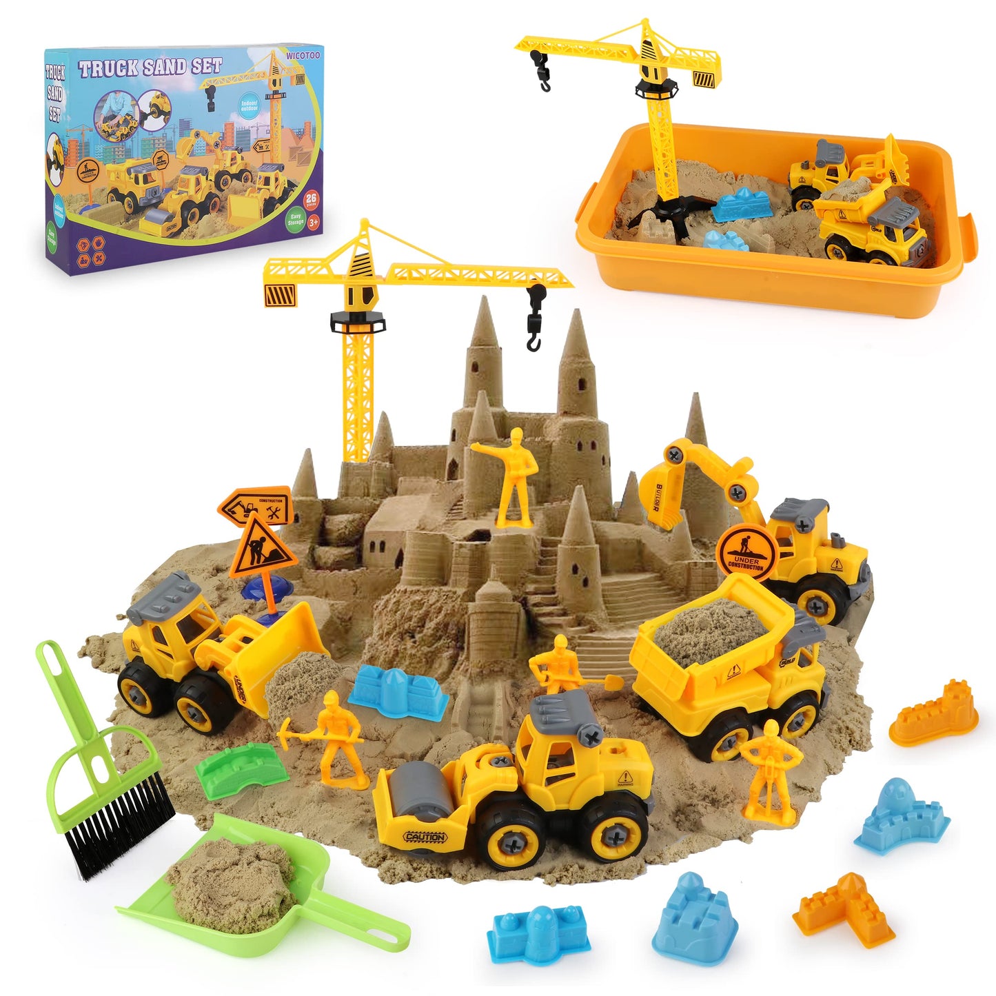 Sand Construction Kit,Sandbox,2.2lbs Magic Sand W/4 Take Apart Construction Trucks,Tower Crane,8 Sand Molds,4 Worker Figures,4 Road Signs,Toys for Boys Girls Age 4-8 Yellow,Brown