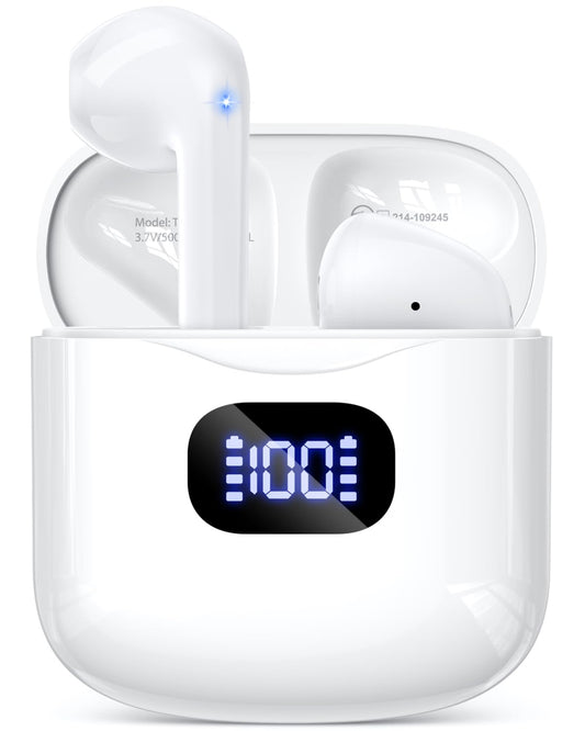 Nyzfexk  Wireless Earbuds Bluetooth 5.3 Headphones, 40Hrs Playback Stereo Ear Buds with LED Display Charging Case IPX7 Waterproof in-Ear Earphones with Mic for Phone Tablet Laptop Sports, White