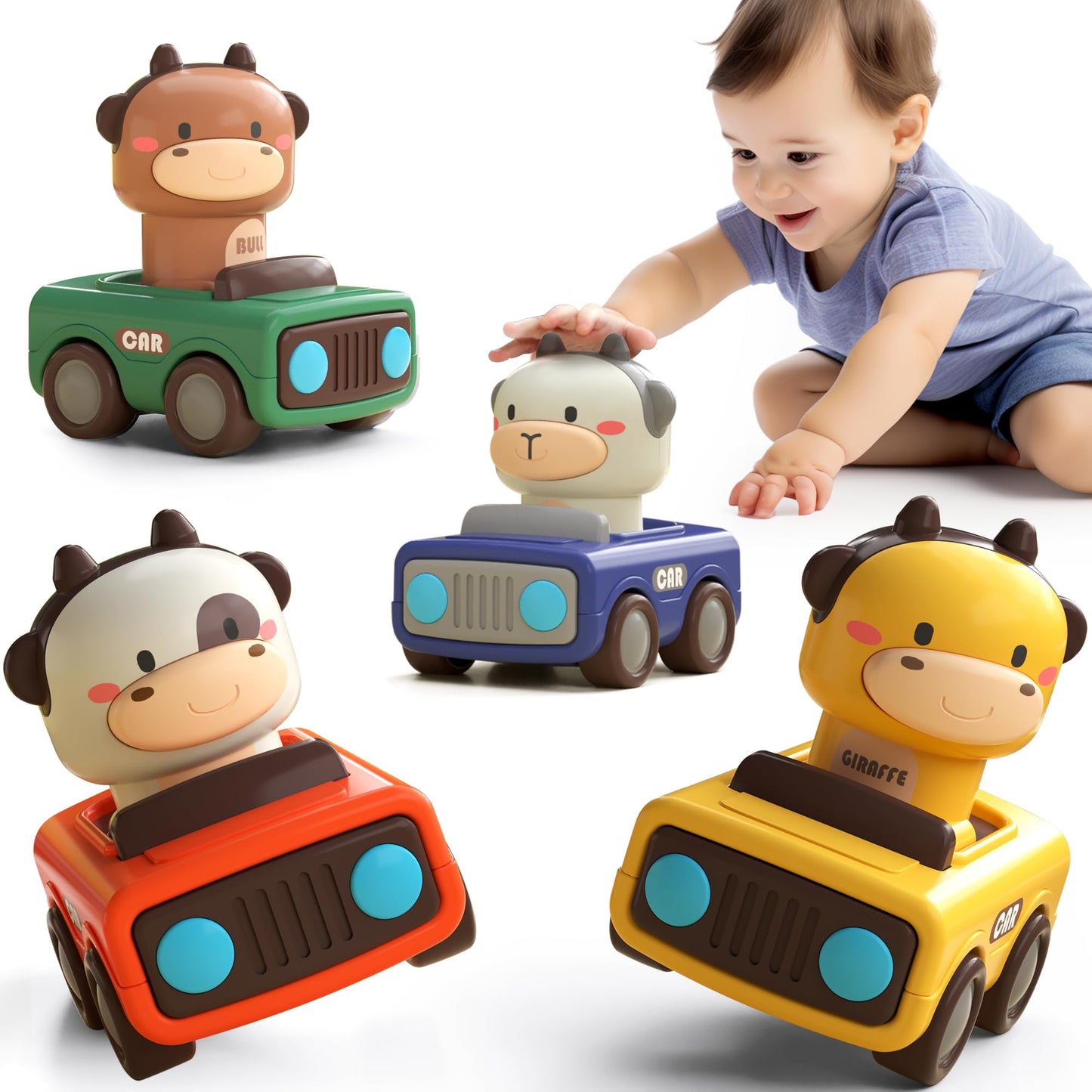 Press and Go Car Toys for Toddlers 1-3, Baby Animal Racing Cars, Infant Play Vehicle Set, Baby Push Go Friction Car Toys for 6-9-12-18 Months, 1st Birthday Gifts for 1-2 Years Old Boys