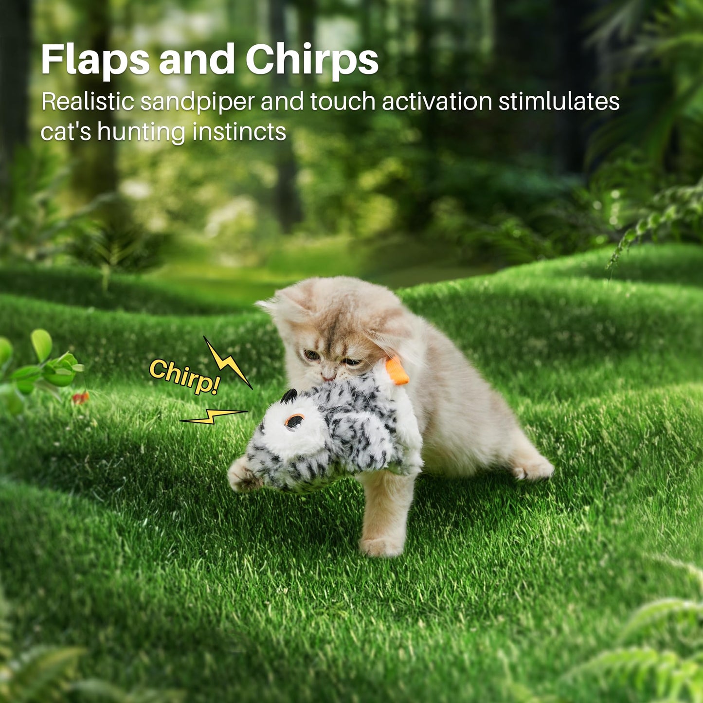 Flapping Owl Cat Toys (No Flying), Lifelike Bird Chirp, Rechargeable Touch Activated Kitten Toy, Interactive Catnip Kicker Exercise Toys 4.0" for All Breeds