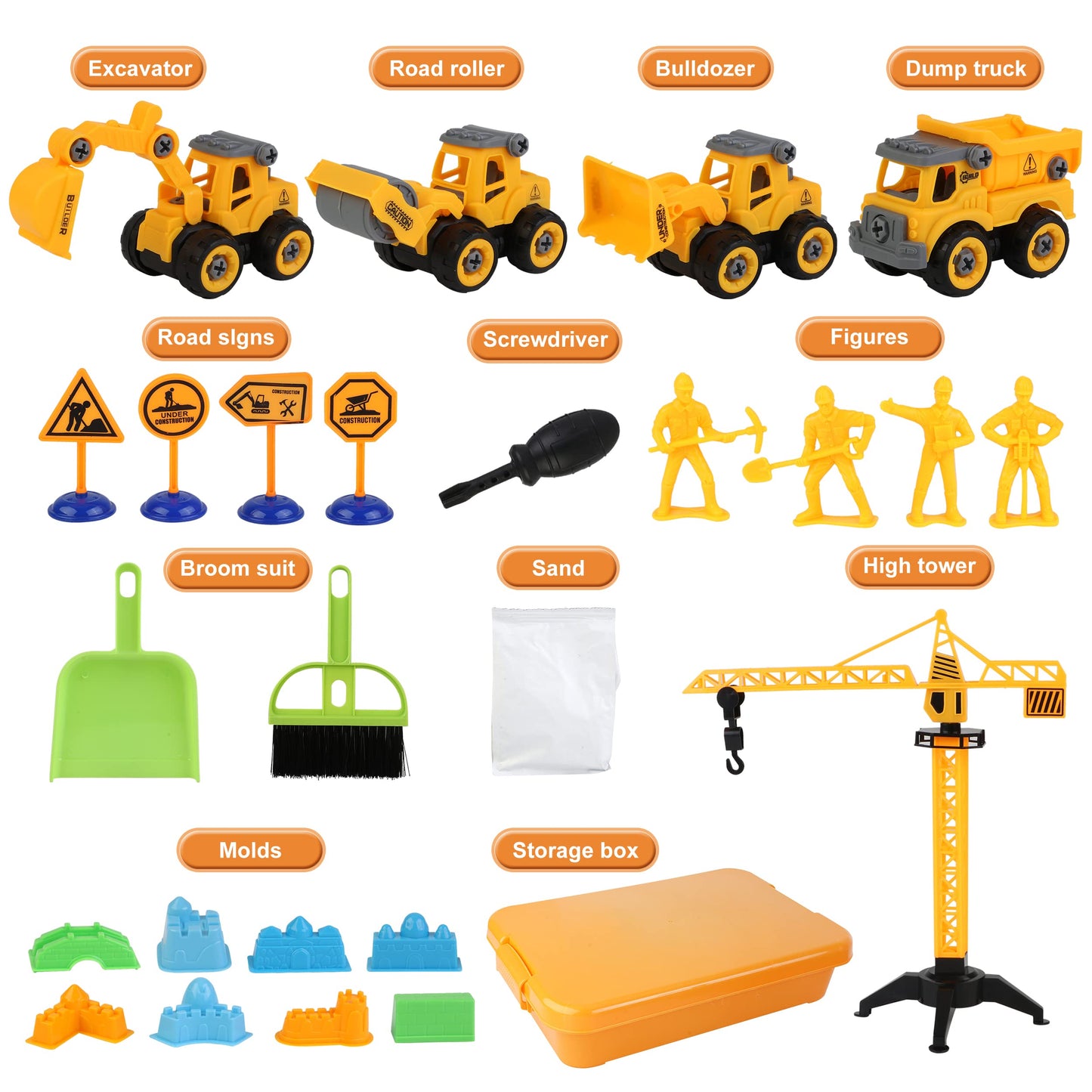 Sand Construction Kit,Sandbox,2.2lbs Magic Sand W/4 Take Apart Construction Trucks,Tower Crane,8 Sand Molds,4 Worker Figures,4 Road Signs,Toys for Boys Girls Age 4-8 Yellow,Brown