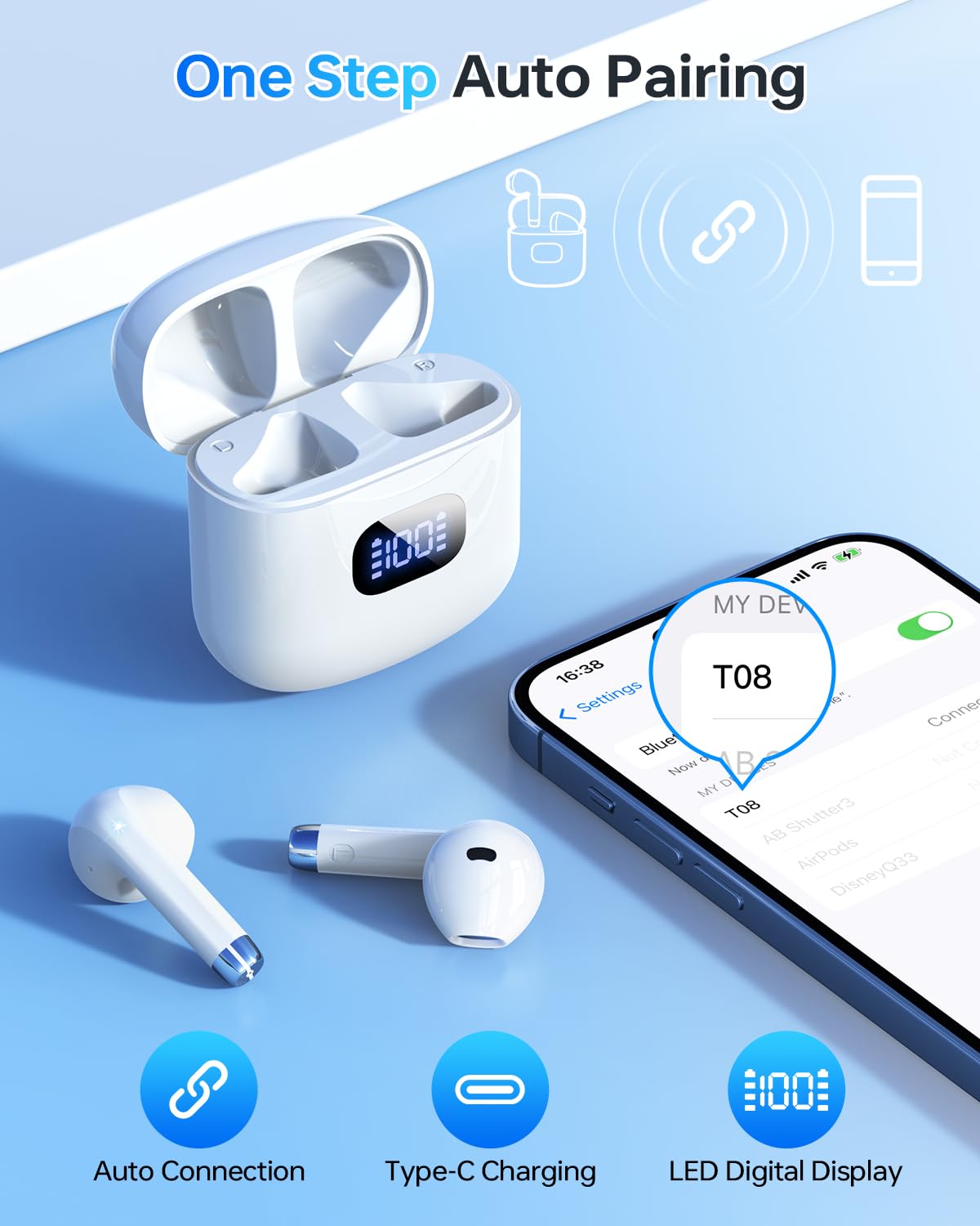 Nyzfexk  Wireless Earbuds Bluetooth 5.3 Headphones, 40Hrs Playback Stereo Ear Buds with LED Display Charging Case IPX7 Waterproof in-Ear Earphones with Mic for Phone Tablet Laptop Sports, White