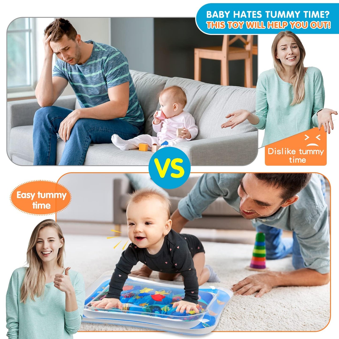 Inflatable Tummy Time Mat Premium Baby Water Play Mat for Infants and Toddlers Baby Toys for 3 to 24 Months, Strengthen Your Baby's Muscles, Portable