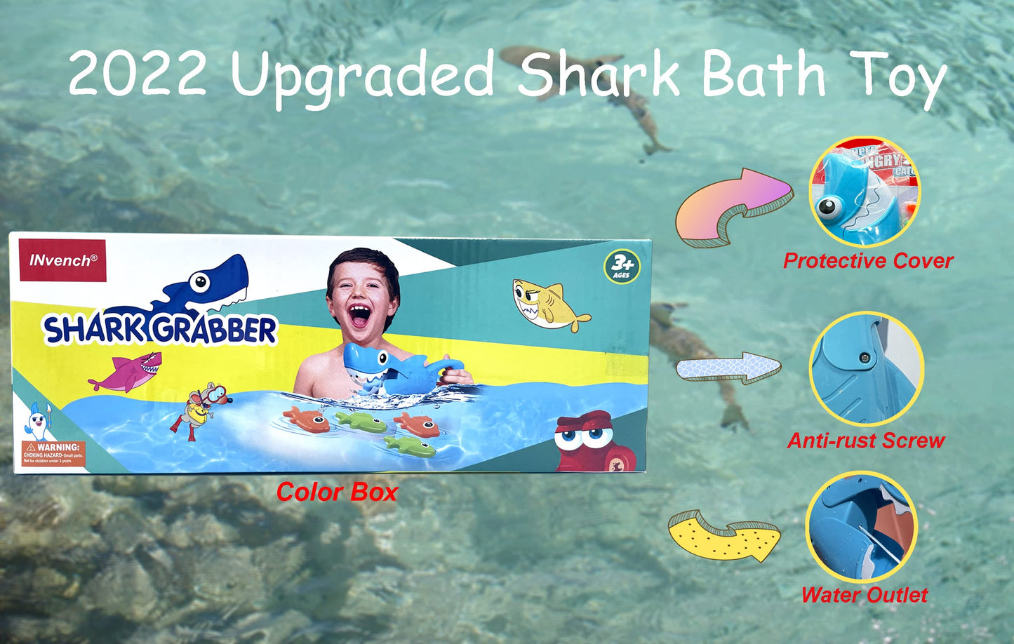 Shark Grabber Mould Free Bath Toys - Blue Shark with Teeth Biting Action Include 4 Toy Fish - Bath Toys for 3 Years Old