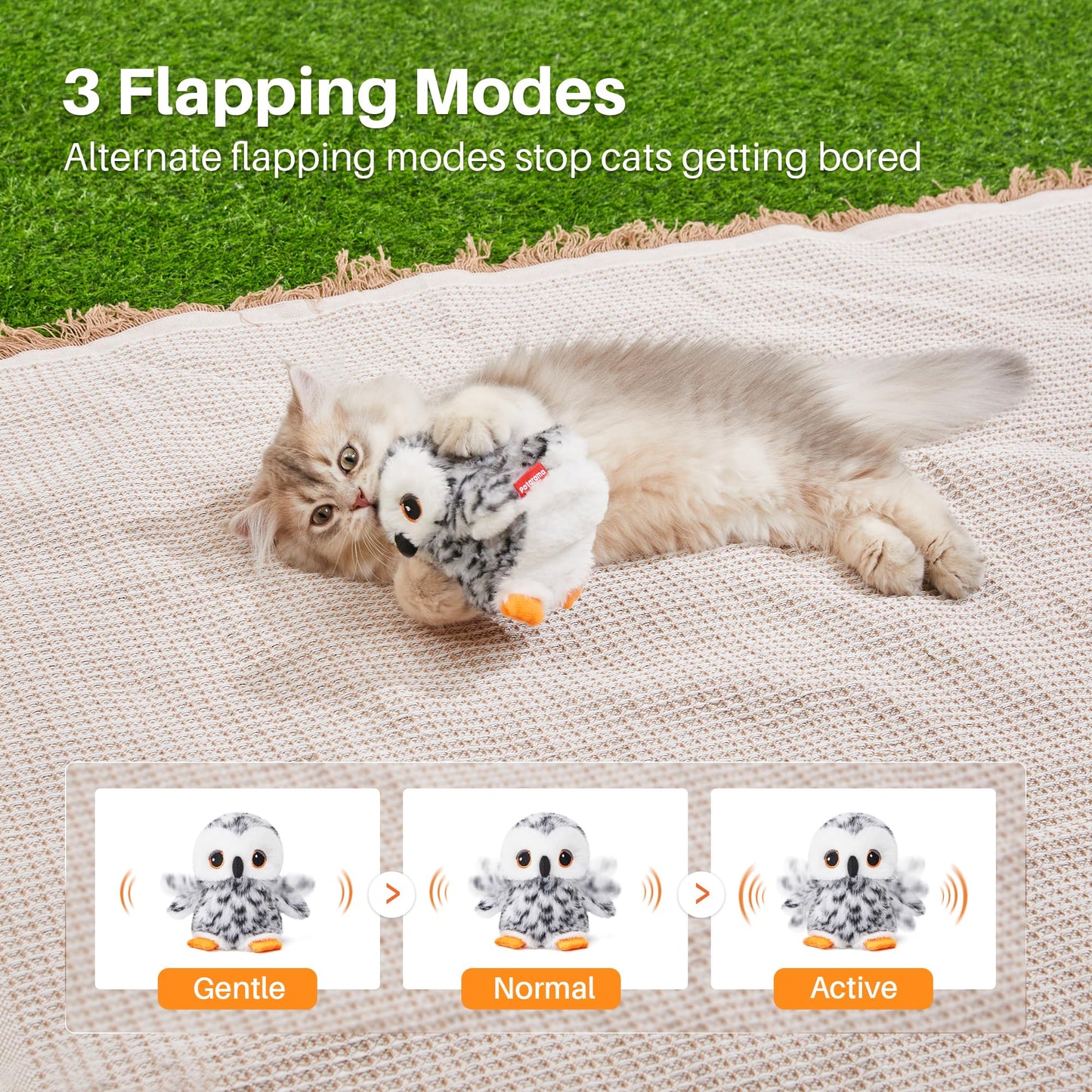 Flapping Owl Cat Toys (No Flying), Lifelike Bird Chirp, Rechargeable Touch Activated Kitten Toy, Interactive Catnip Kicker Exercise Toys 4.0" for All Breeds