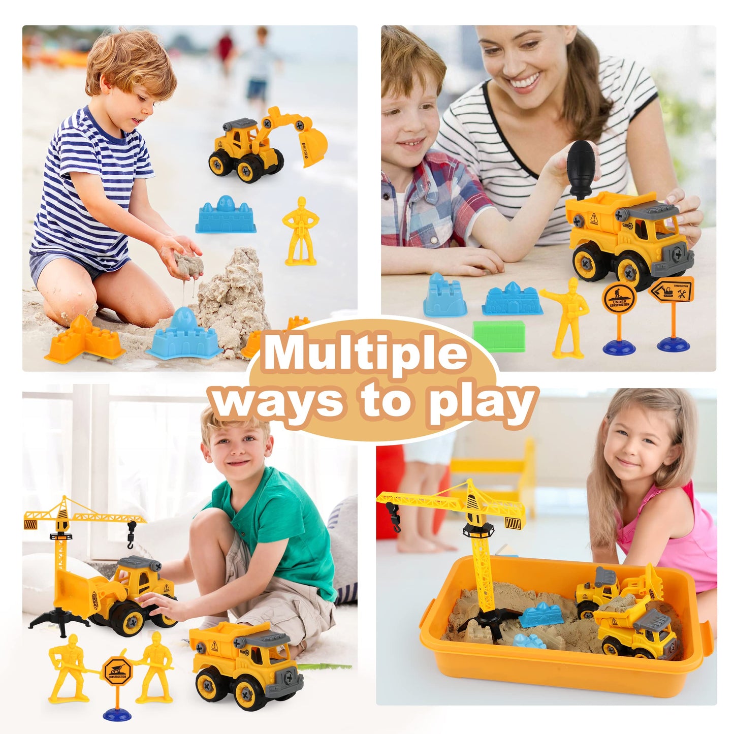 Sand Construction Kit,Sandbox,2.2lbs Magic Sand W/4 Take Apart Construction Trucks,Tower Crane,8 Sand Molds,4 Worker Figures,4 Road Signs,Toys for Boys Girls Age 4-8 Yellow,Brown