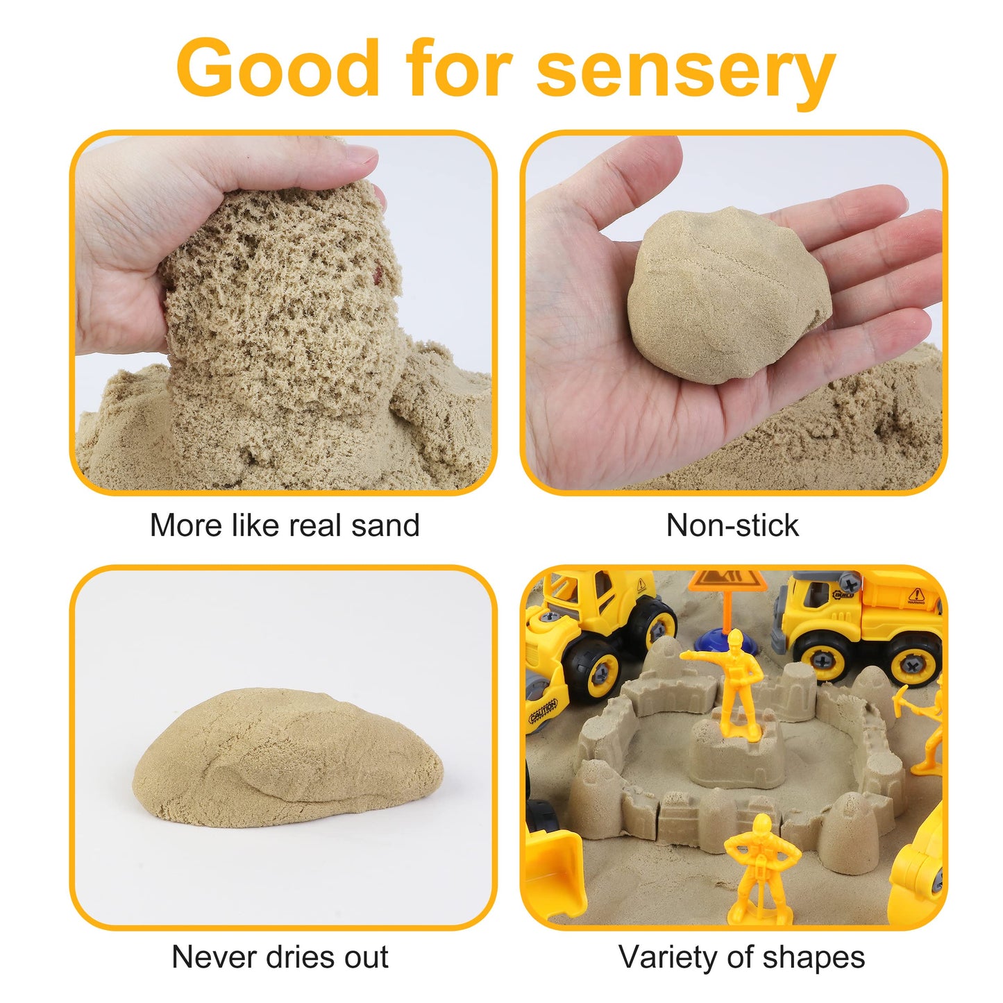 Sand Construction Kit,Sandbox,2.2lbs Magic Sand W/4 Take Apart Construction Trucks,Tower Crane,8 Sand Molds,4 Worker Figures,4 Road Signs,Toys for Boys Girls Age 4-8 Yellow,Brown