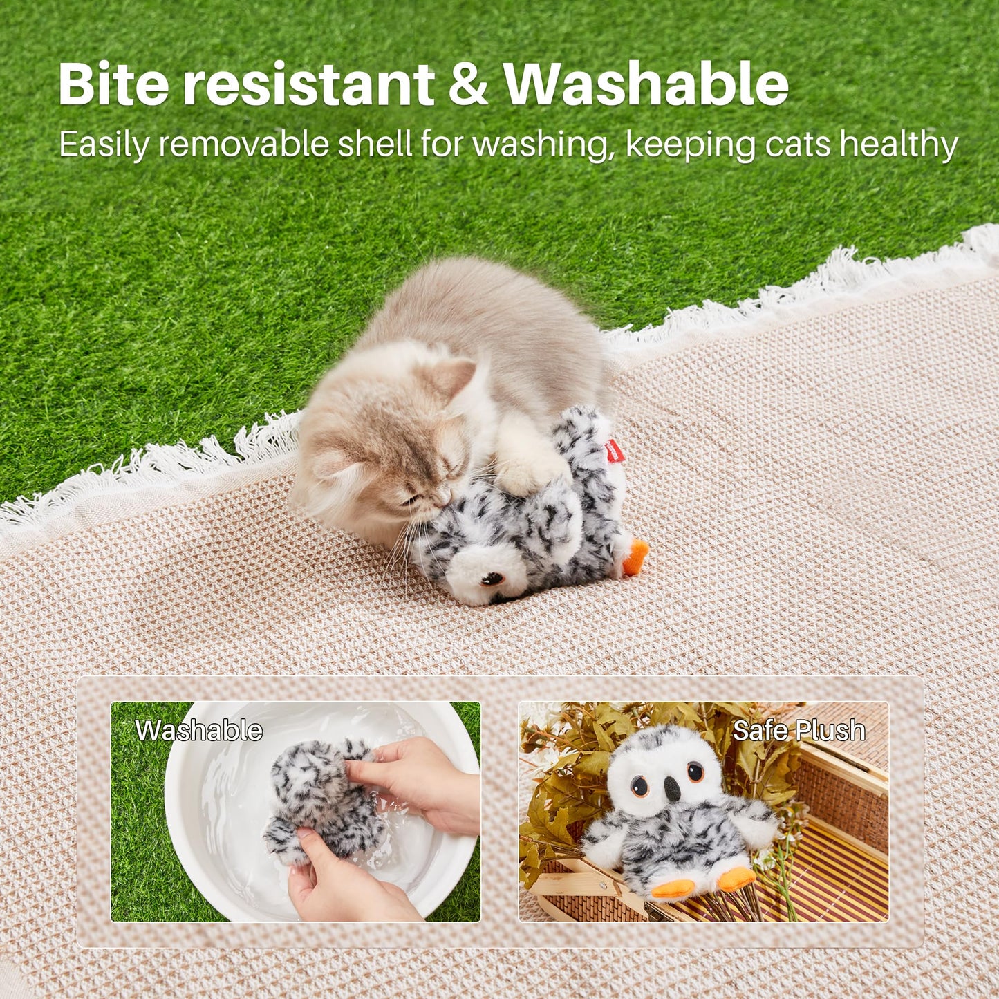 Flapping Owl Cat Toys (No Flying), Lifelike Bird Chirp, Rechargeable Touch Activated Kitten Toy, Interactive Catnip Kicker Exercise Toys 4.0" for All Breeds