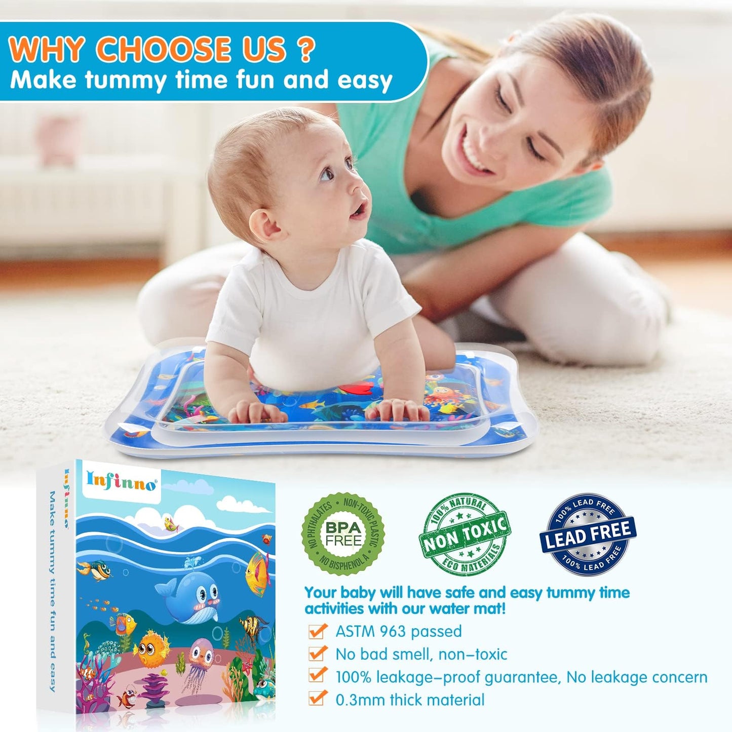 Inflatable Tummy Time Mat Premium Baby Water Play Mat for Infants and Toddlers Baby Toys for 3 to 24 Months, Strengthen Your Baby's Muscles, Portable