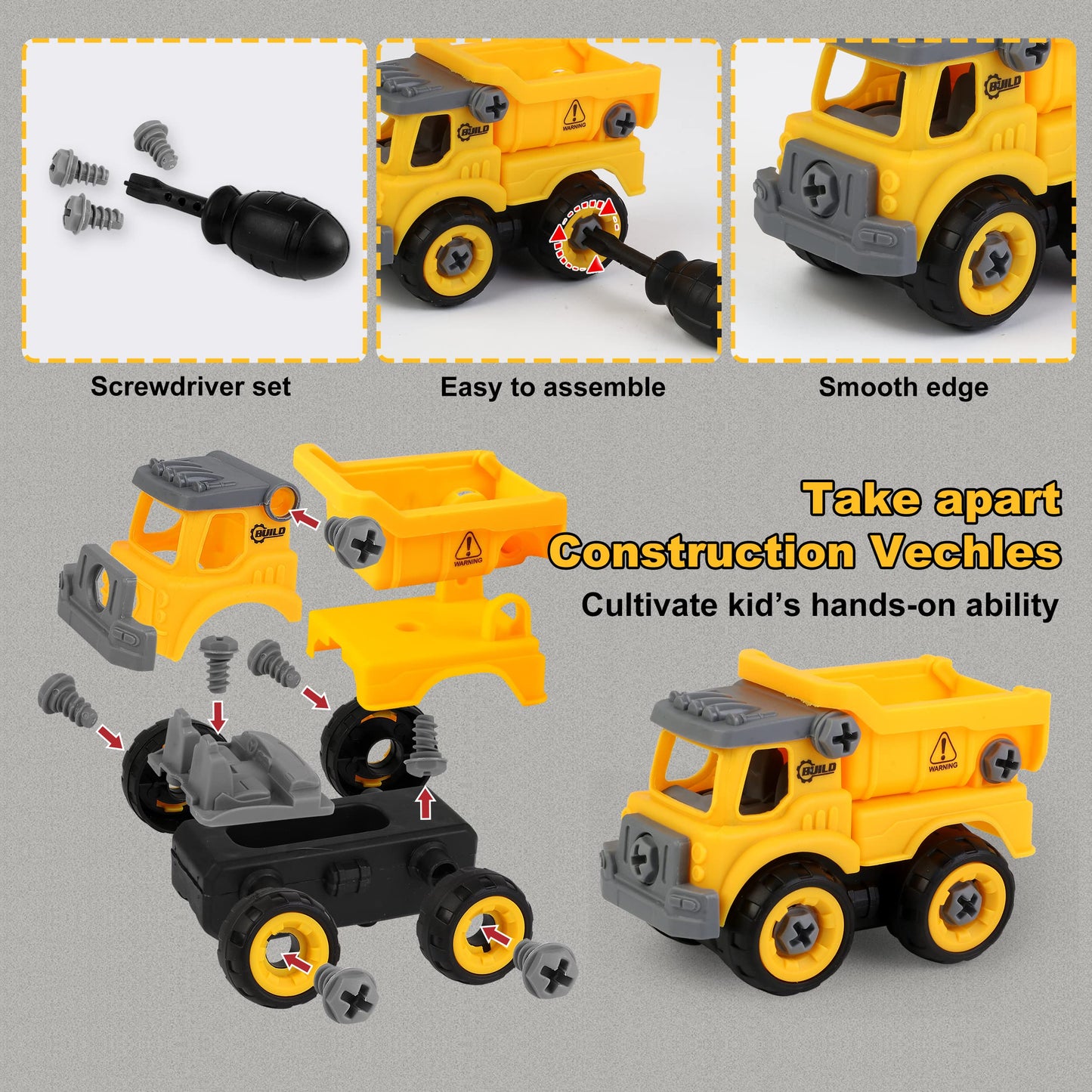 Sand Construction Kit,Sandbox,2.2lbs Magic Sand W/4 Take Apart Construction Trucks,Tower Crane,8 Sand Molds,4 Worker Figures,4 Road Signs,Toys for Boys Girls Age 4-8 Yellow,Brown