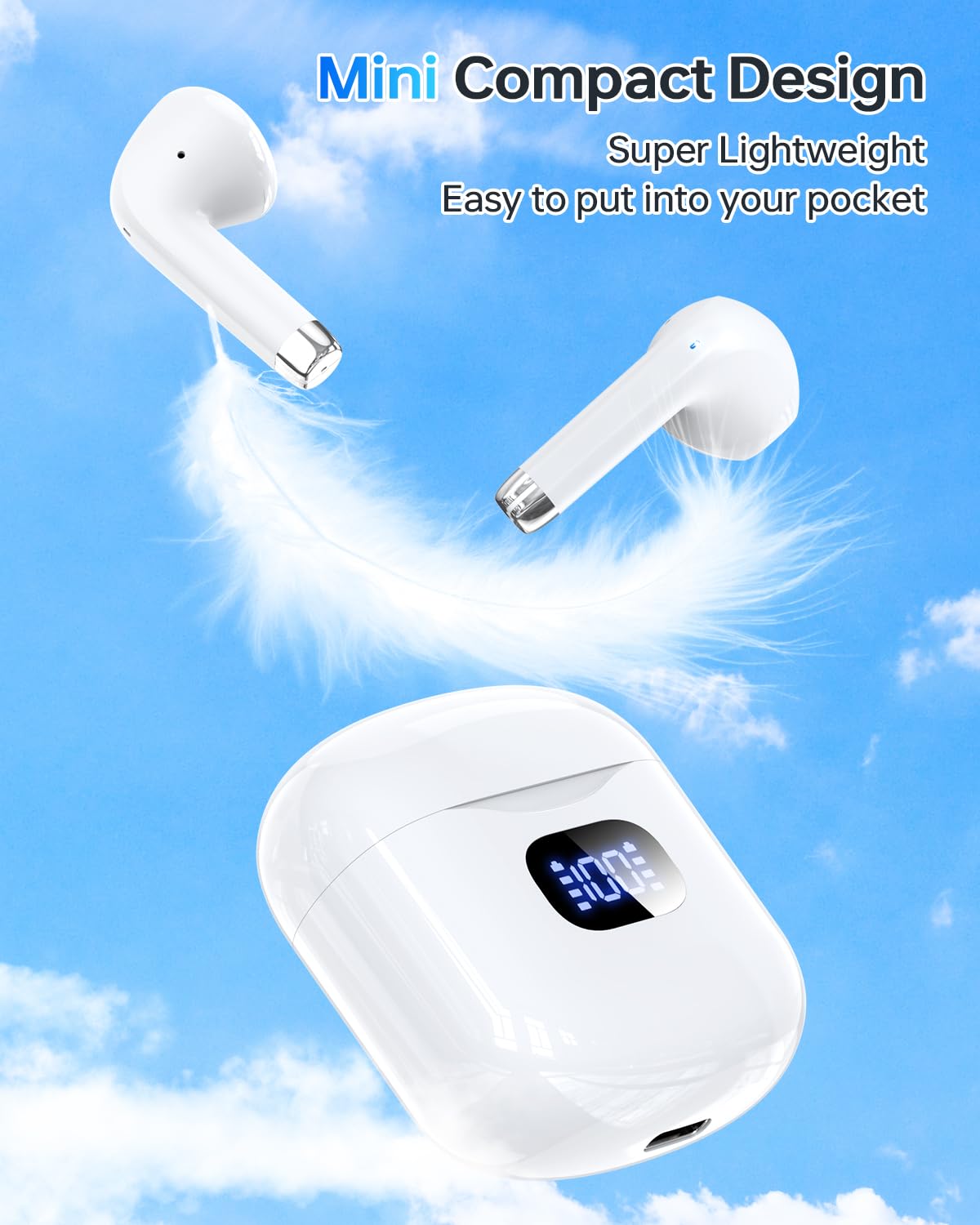 Nyzfexk  Wireless Earbuds Bluetooth 5.3 Headphones, 40Hrs Playback Stereo Ear Buds with LED Display Charging Case IPX7 Waterproof in-Ear Earphones with Mic for Phone Tablet Laptop Sports, White