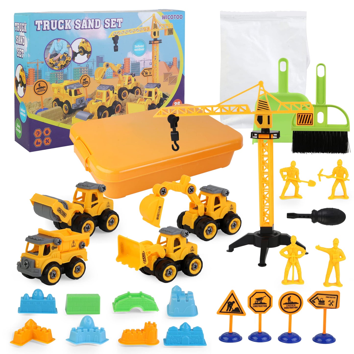 Sand Construction Kit,Sandbox,2.2lbs Magic Sand W/4 Take Apart Construction Trucks,Tower Crane,8 Sand Molds,4 Worker Figures,4 Road Signs,Toys for Boys Girls Age 4-8 Yellow,Brown