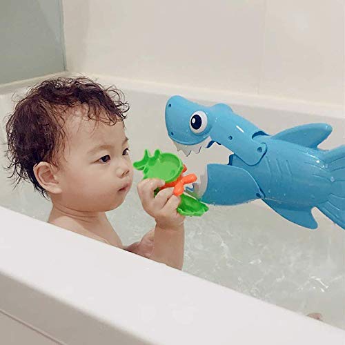 Shark Grabber Baby Bath Toys - Blue Shark with Teeth Biting Action Include 4 Toy Fish - Bath Toys for Kids Ages 4-8 Boys Girls Toddlers Pool Toys