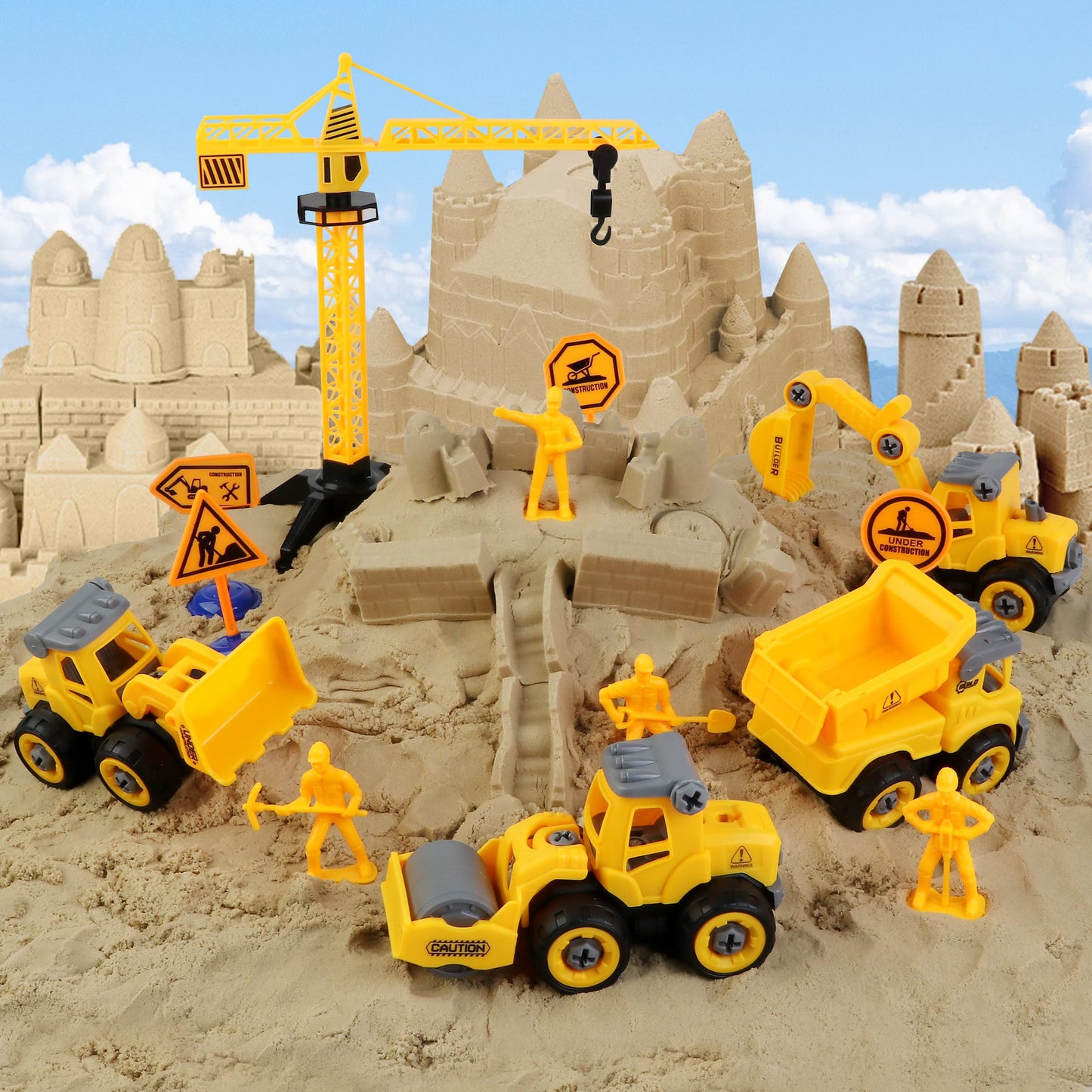 Sand Construction Kit,Sandbox,2.2lbs Magic Sand W/4 Take Apart Construction Trucks,Tower Crane,8 Sand Molds,4 Worker Figures,4 Road Signs,Toys for Boys Girls Age 4-8 Yellow,Brown