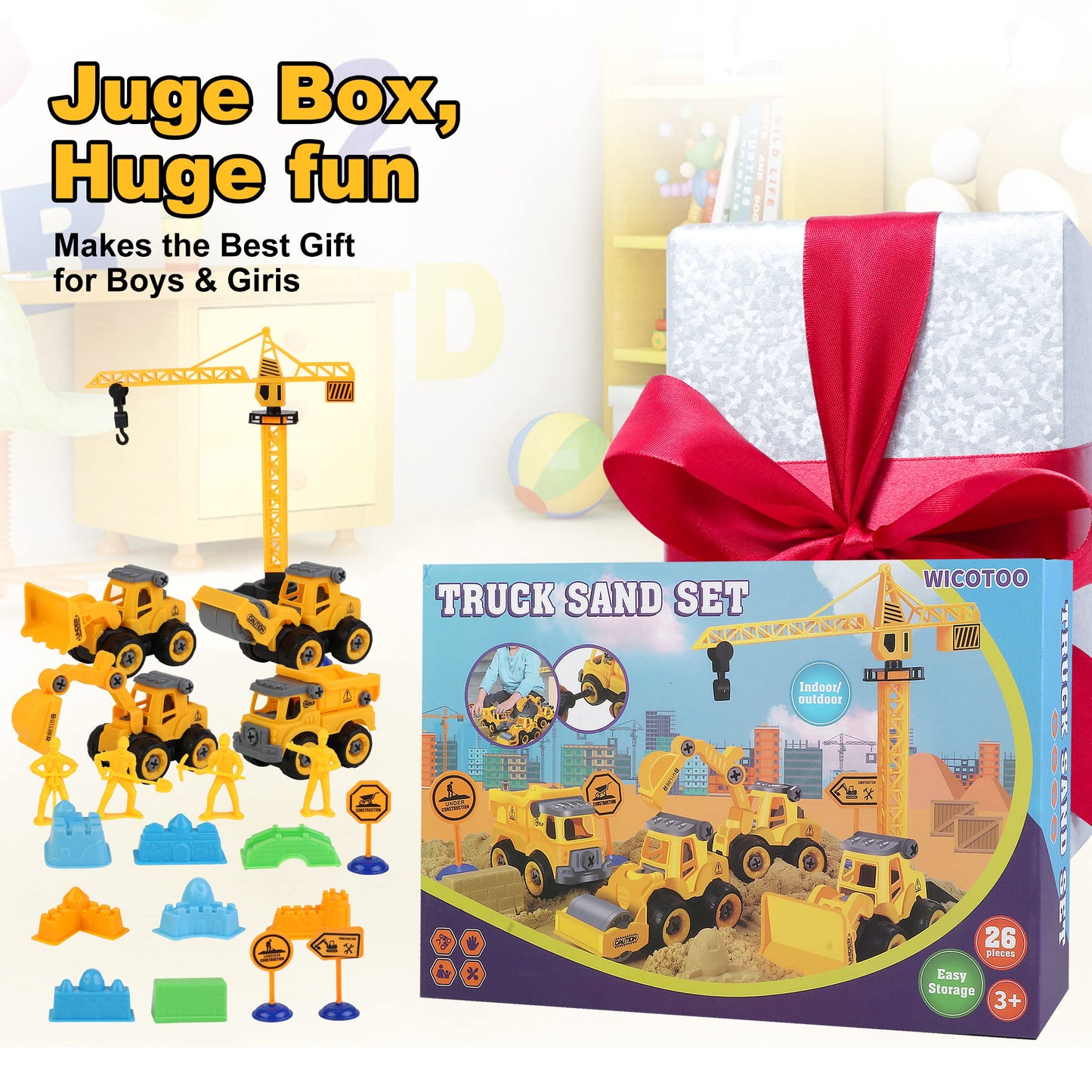 Sand Construction Kit,Sandbox,2.2lbs Magic Sand W/4 Take Apart Construction Trucks,Tower Crane,8 Sand Molds,4 Worker Figures,4 Road Signs,Toys for Boys Girls Age 4-8 Yellow,Brown